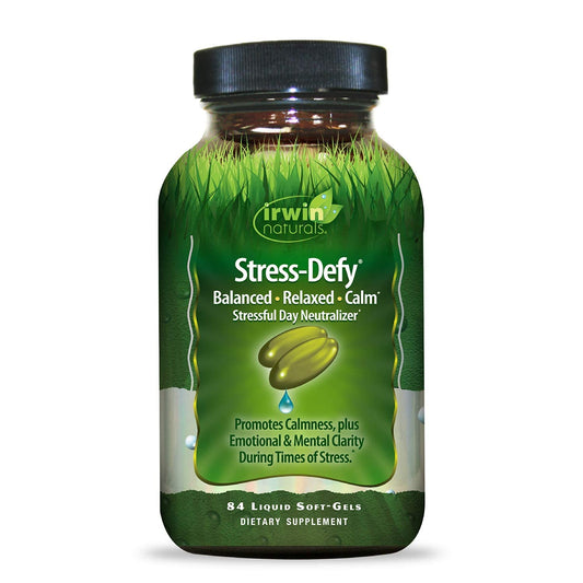 Irwin Naturals Stress-Defy bottle top view for calm, balanced daily support
