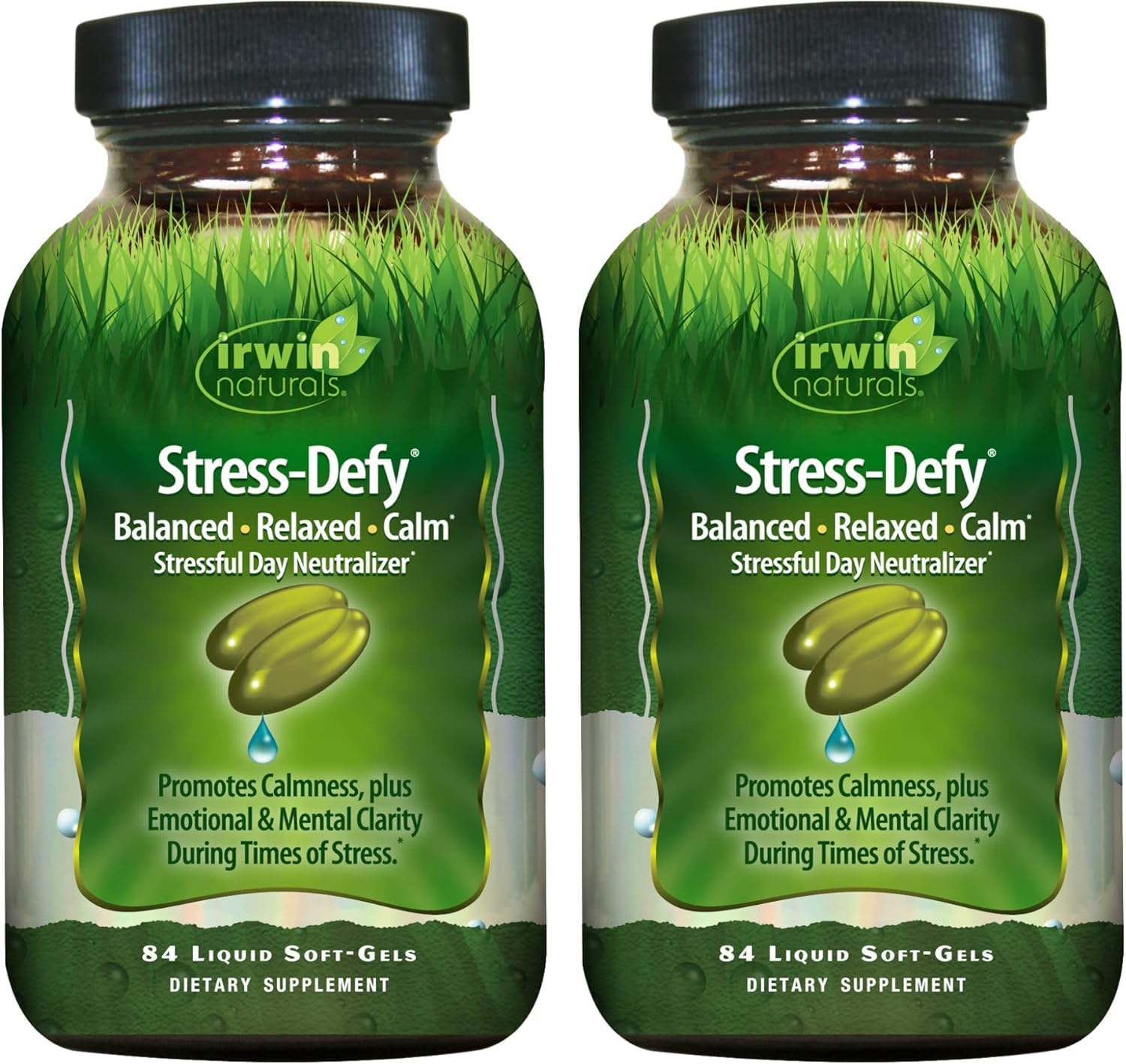 Irwin Naturals Stress-Defy bottle on shelf promotes calm and balance