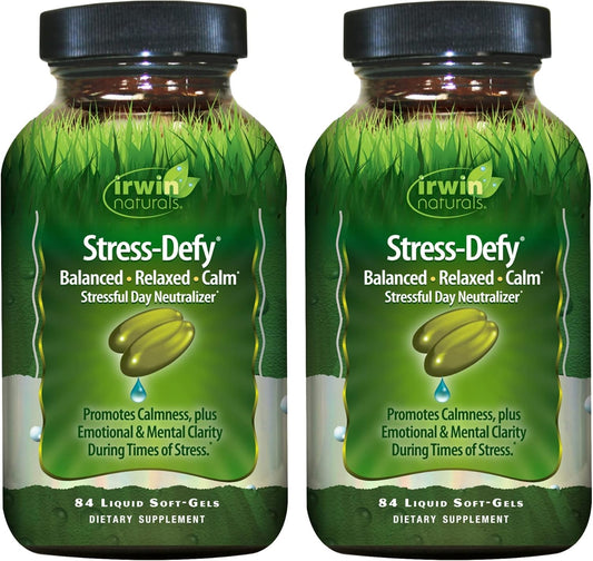 Irwin Naturals Stress-Defy bottle on shelf promotes calm and balance