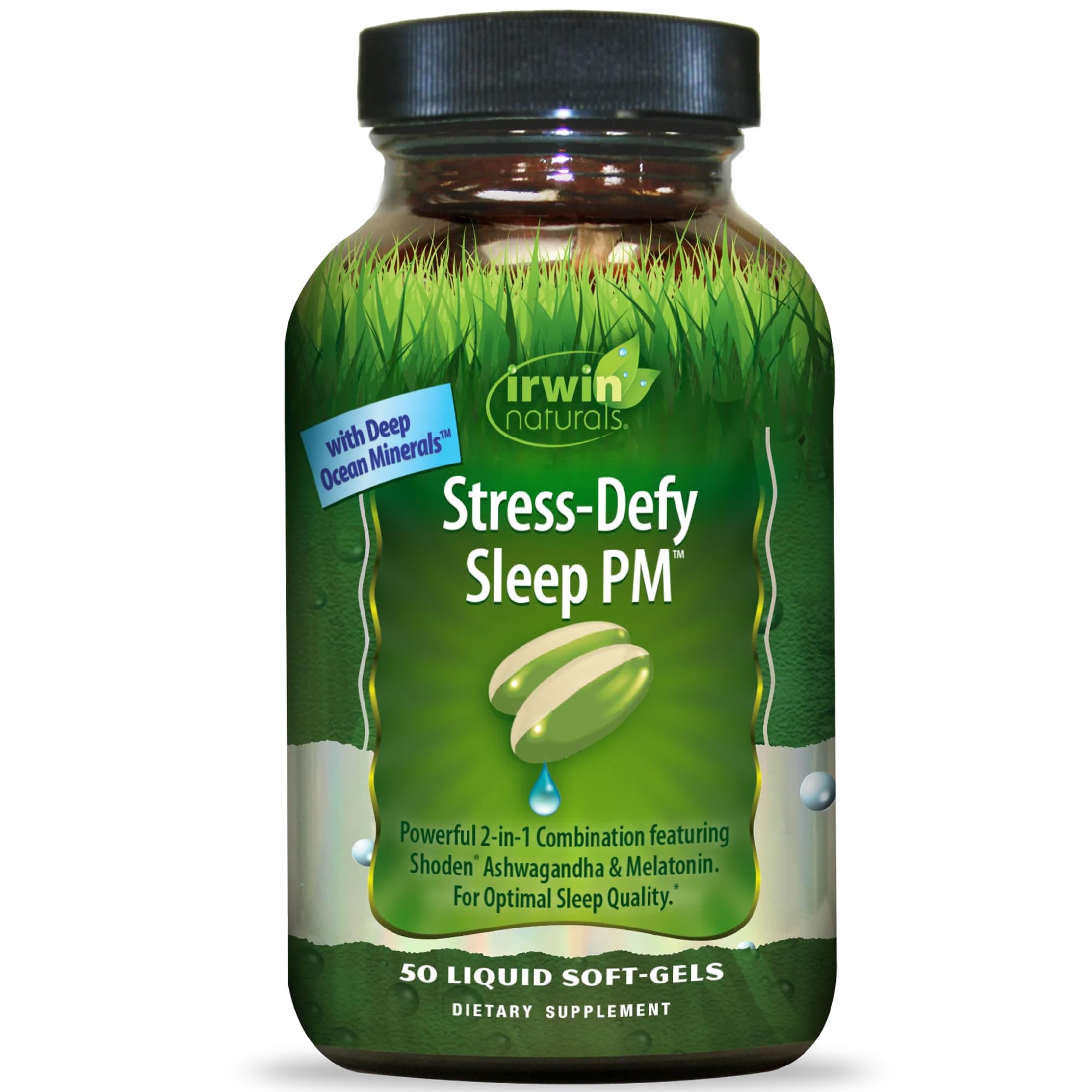 Irwin Naturals Stress-Defy Sleep PM softgel bottle on a dresser for nighttime rest