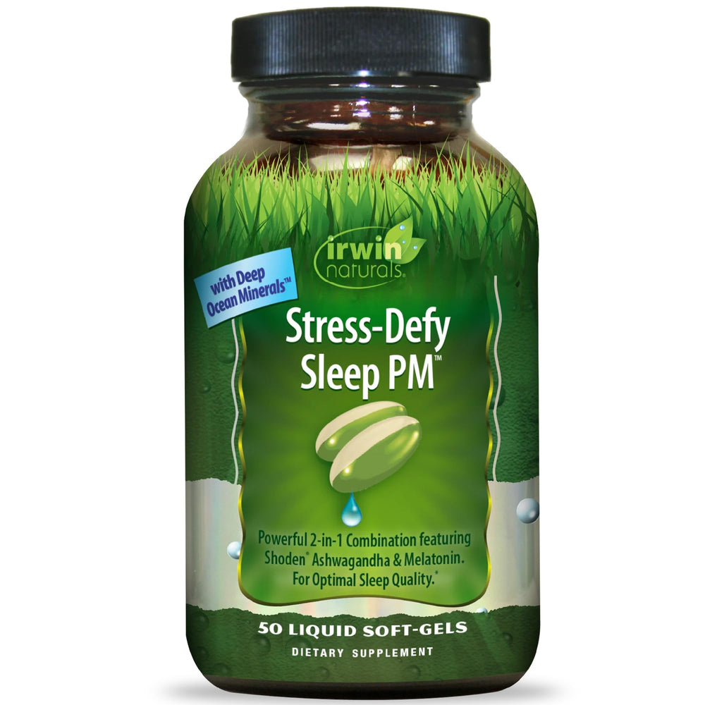 Irwin Naturals Stress-Defy Sleep PM softgel bottle on a dresser for nighttime rest