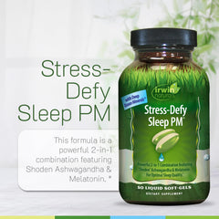 Pouring Irwin Naturals Stress-Defy Sleep PM softgel demonstrates quick release