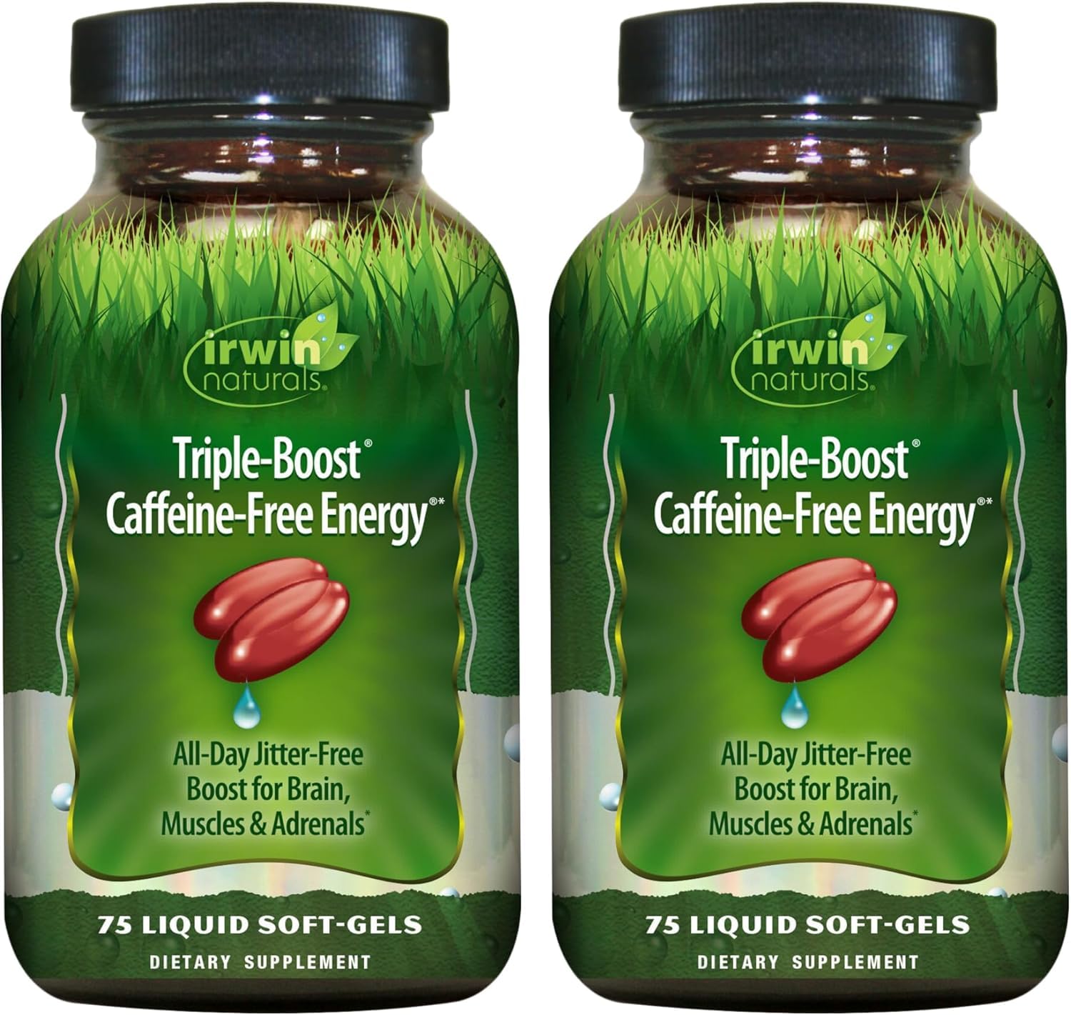 Irwin Naturals Triple Boost Energy bottle with caffeine-free formula for all-day vitality.