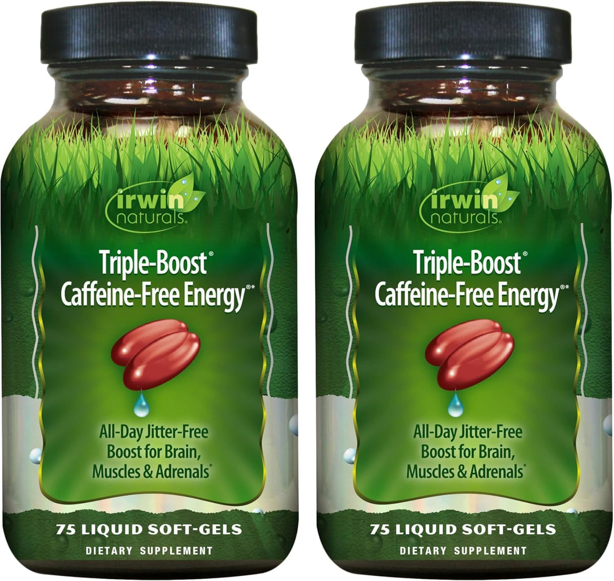 Irwin Naturals Triple Boost Energy bottle with caffeine-free formula for all-day vitality.