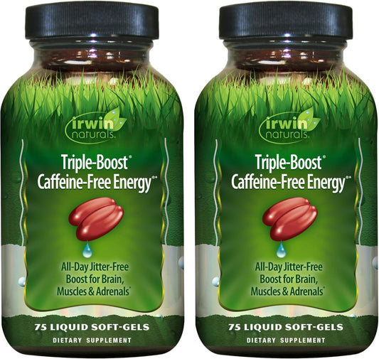 Irwin Naturals Triple Boost Energy bottle with caffeine-free formula for all-day vitality.