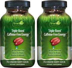Irwin Naturals Triple Boost Energy bottle with caffeine-free formula for all-day vitality.