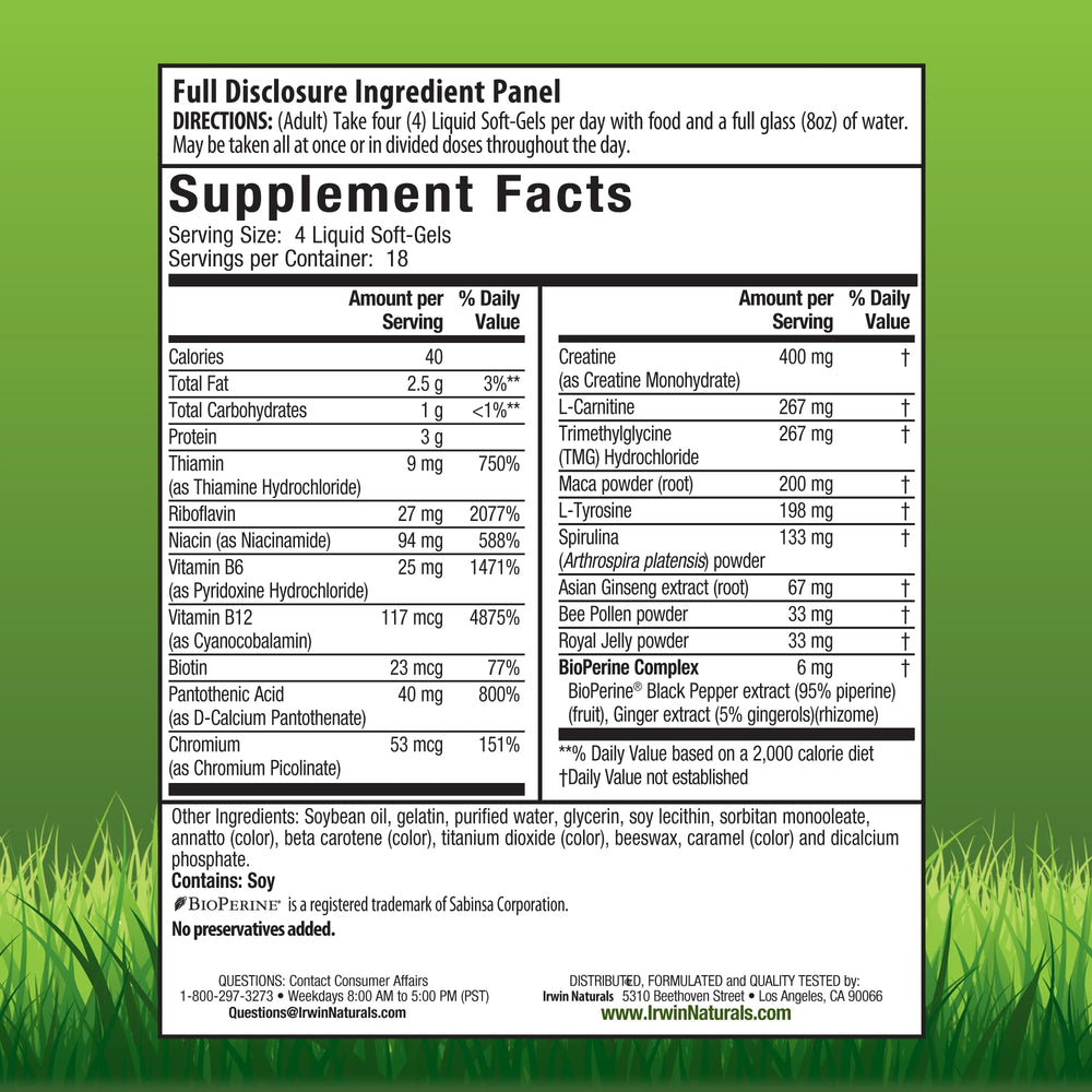 Irwin Naturals Triple Boost Energy softgels close-up showing compact capsules for daily energy.