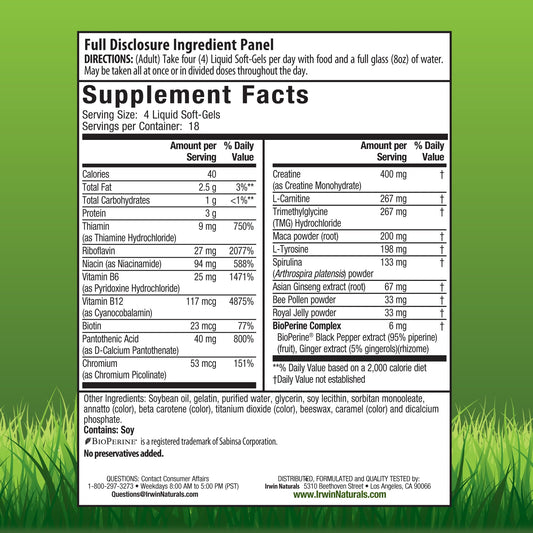 Irwin Naturals Triple Boost Energy softgels close-up showing compact capsules for daily energy.