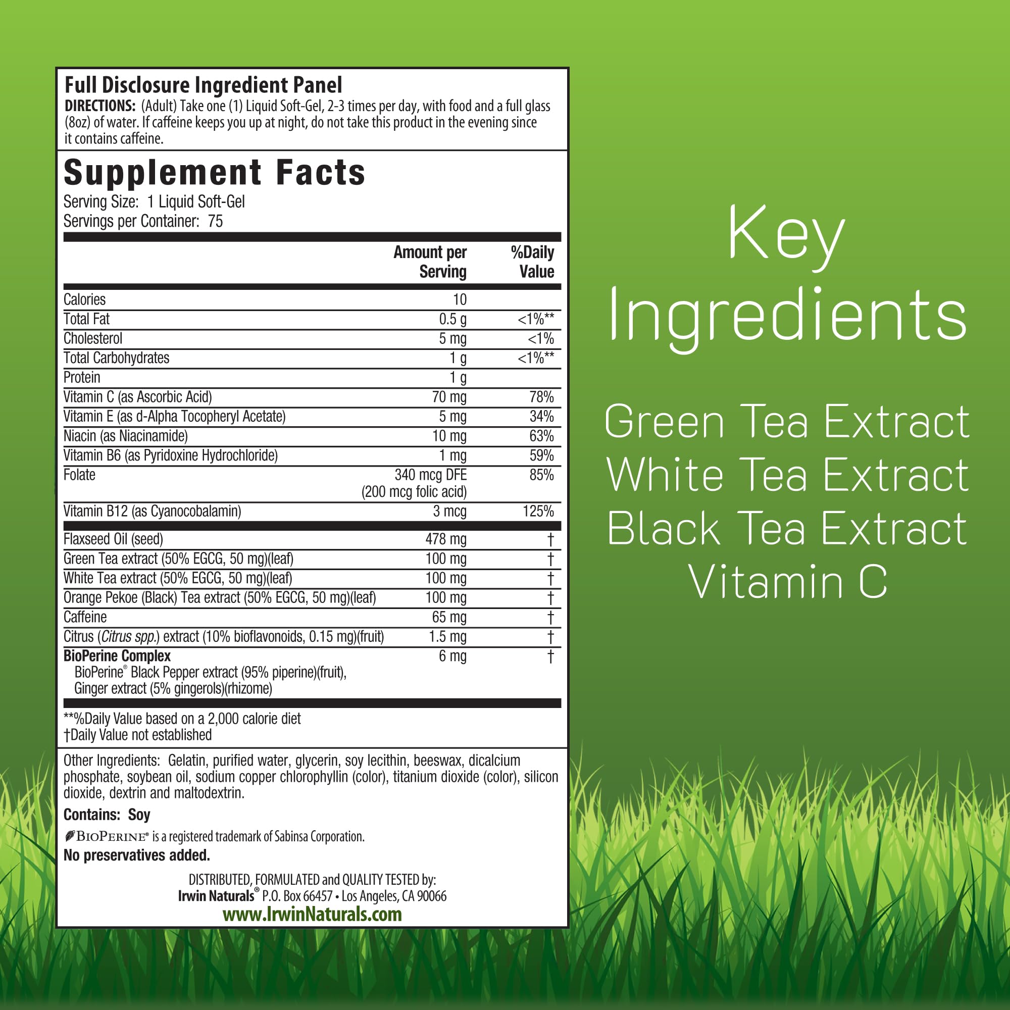 Irwin Naturals Triple-Tea Fat Burner label highlights the tea blend and ingredients