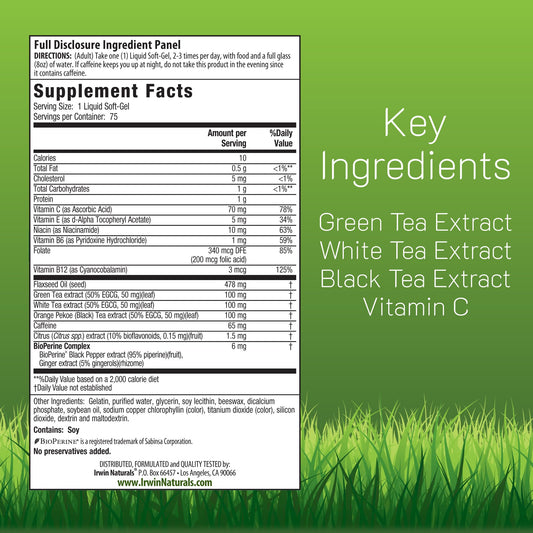 Irwin Naturals Triple-Tea Fat Burner label highlights the tea blend and ingredients