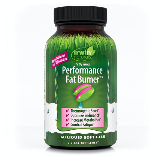 Irwin Naturals V02 Max fat burner bottle; convenient softgels for daily energy support.