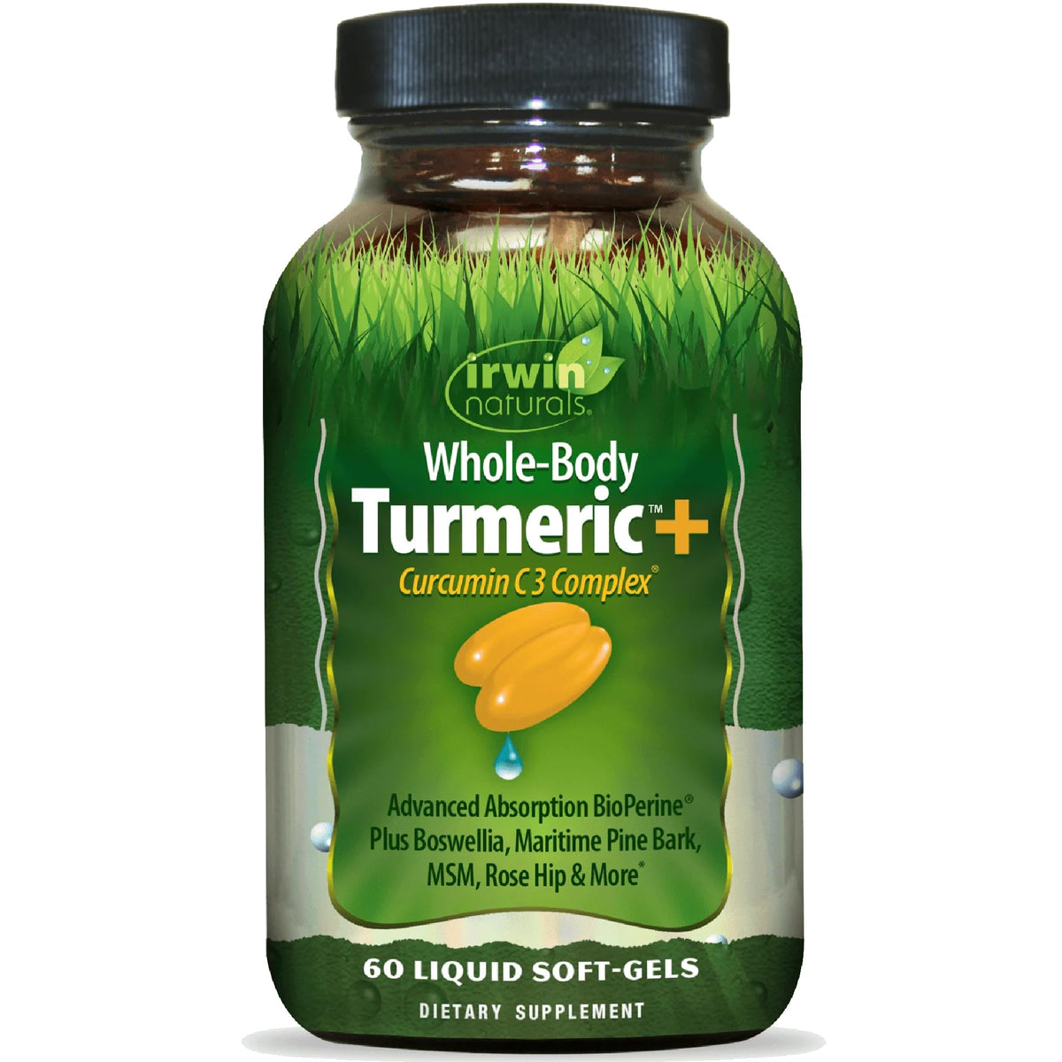 Irwin Naturals Whole-Body Turmeric bottle close-up highlighting convenient daily soft-gels.