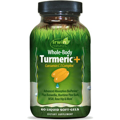 Irwin Naturals Whole-Body Turmeric bottle close-up highlighting convenient daily soft-gels.