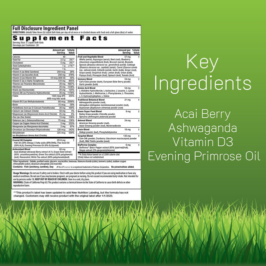 Close-up of Irwin Naturals Living Green softgels emphasizing easy daily intake