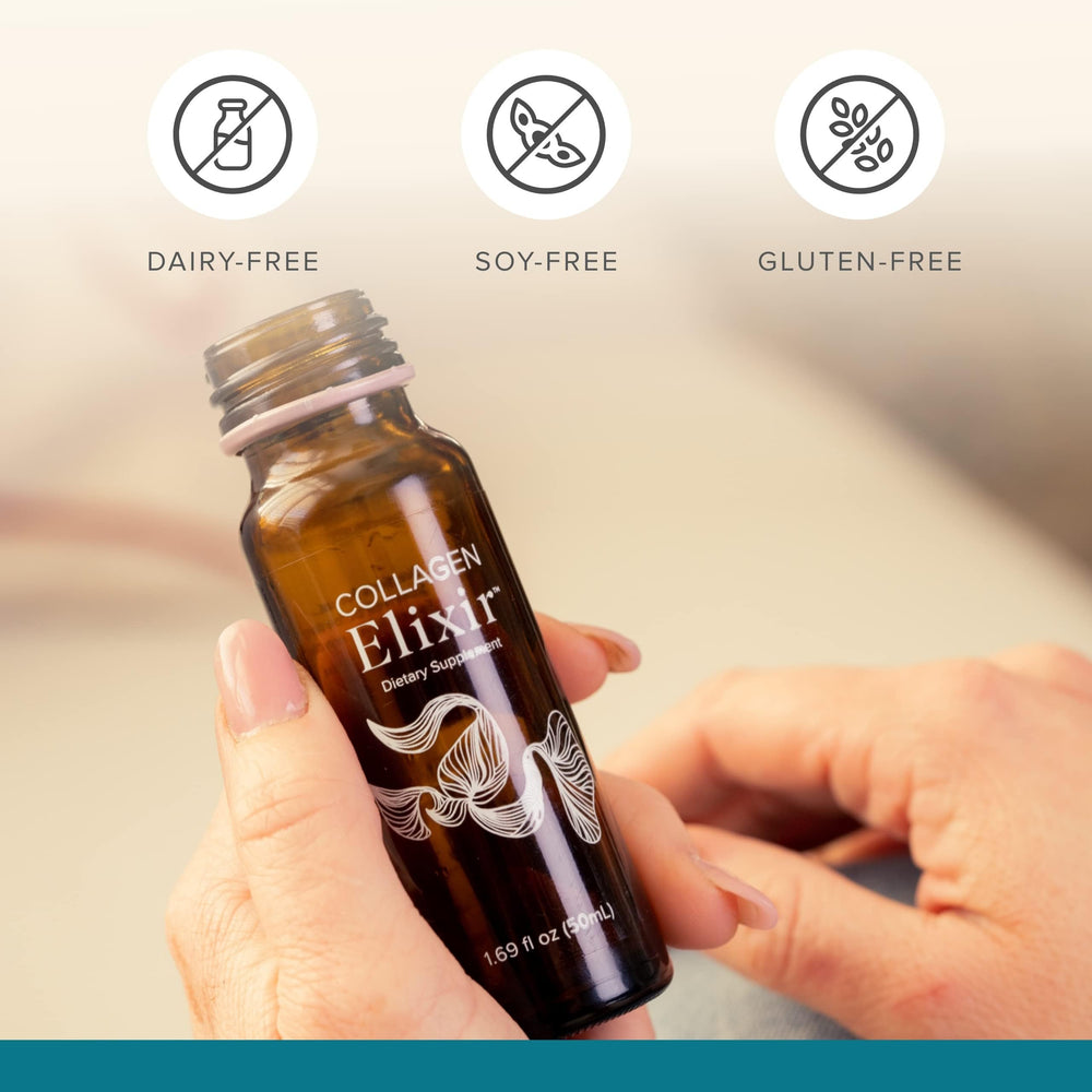 Isagenix Collagen Elixir glass with liquid emphasizes an on-the-go routine.