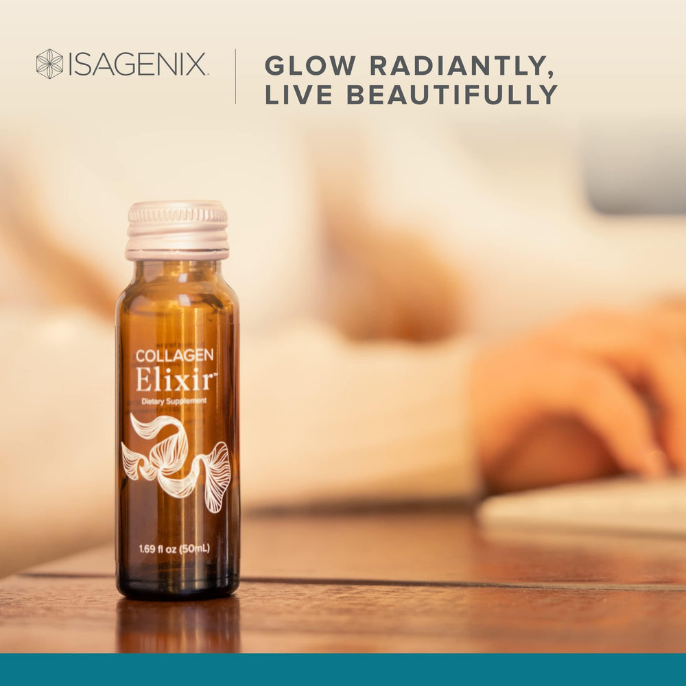 Isagenix Collagen Elixir label close-up shows non-GMO purity.
