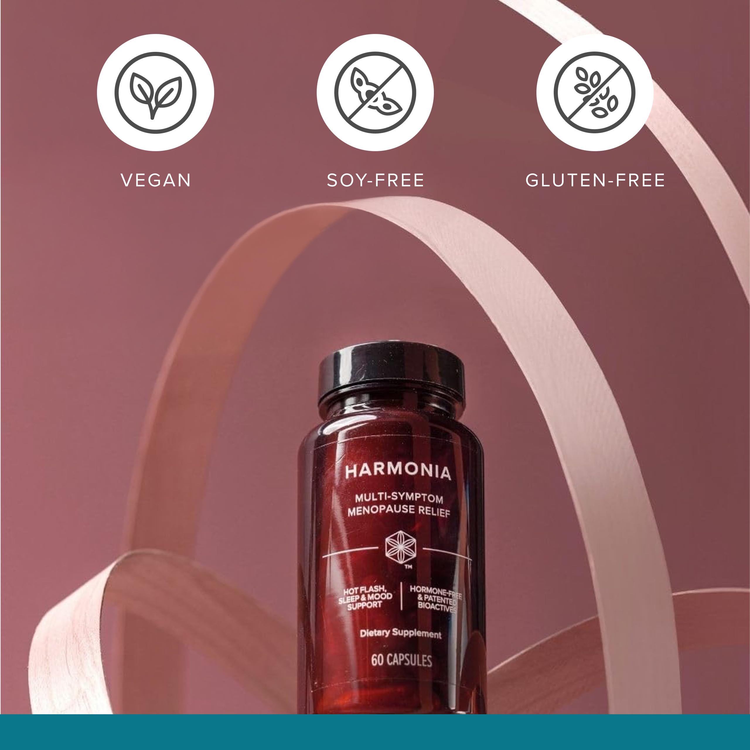 Harmonia bottle with glass showing easy-to-use daily capsules
