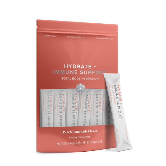 Isagenix Hydrate Immune Stick Pack shows portable hydration for workouts.