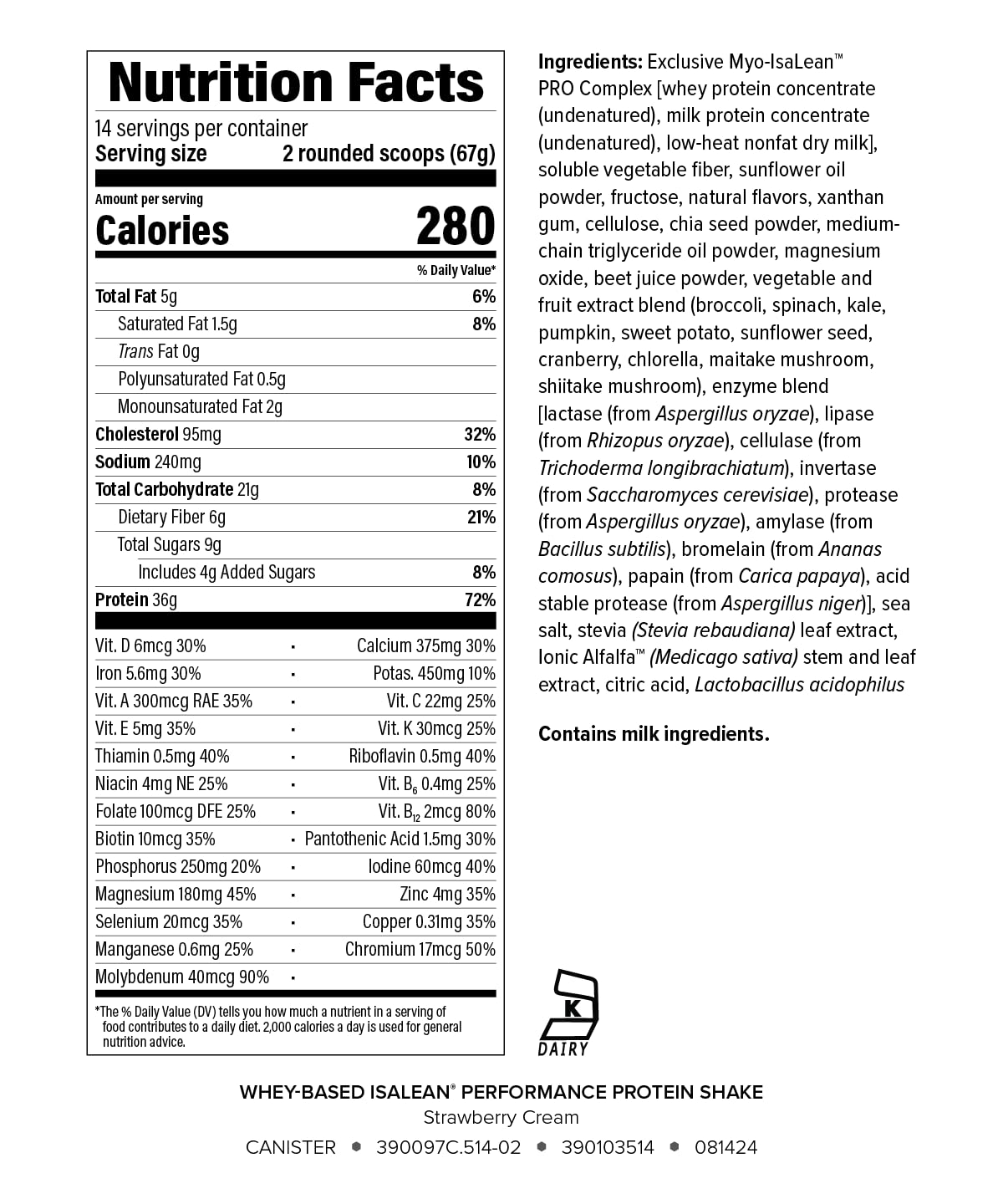 Isagenix IsaLean nutrition label close-up showing 24 vitamins and minerals for daily support