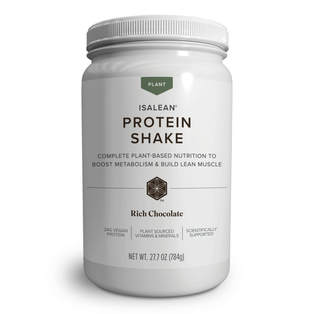 Isagenix Plant-Based IsaLean Protein Shake bottle highlighting vegan protein and a clean label