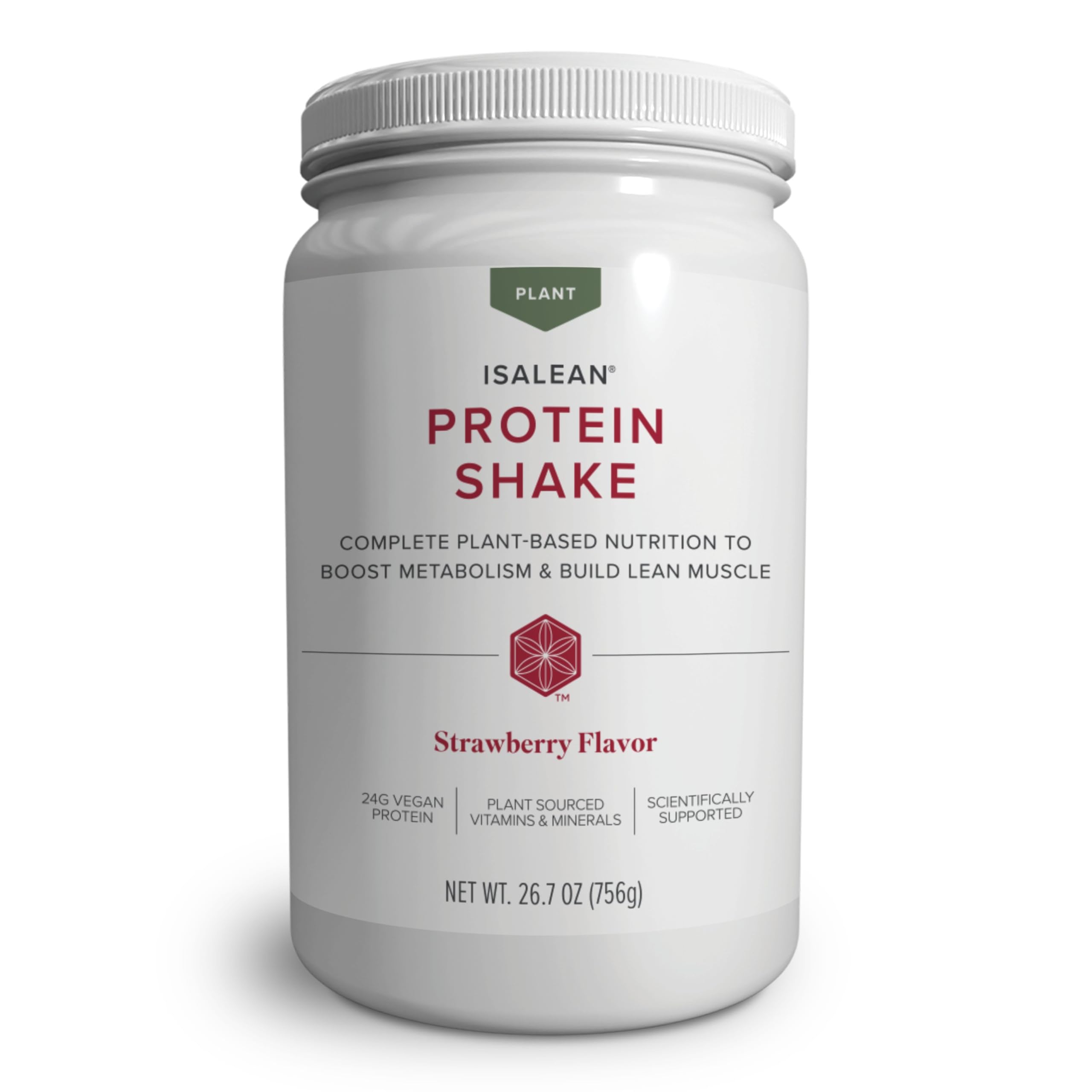 Isagenix IsaLean plant-based shake bottle pouring strawberry flavor for a protein boost.
