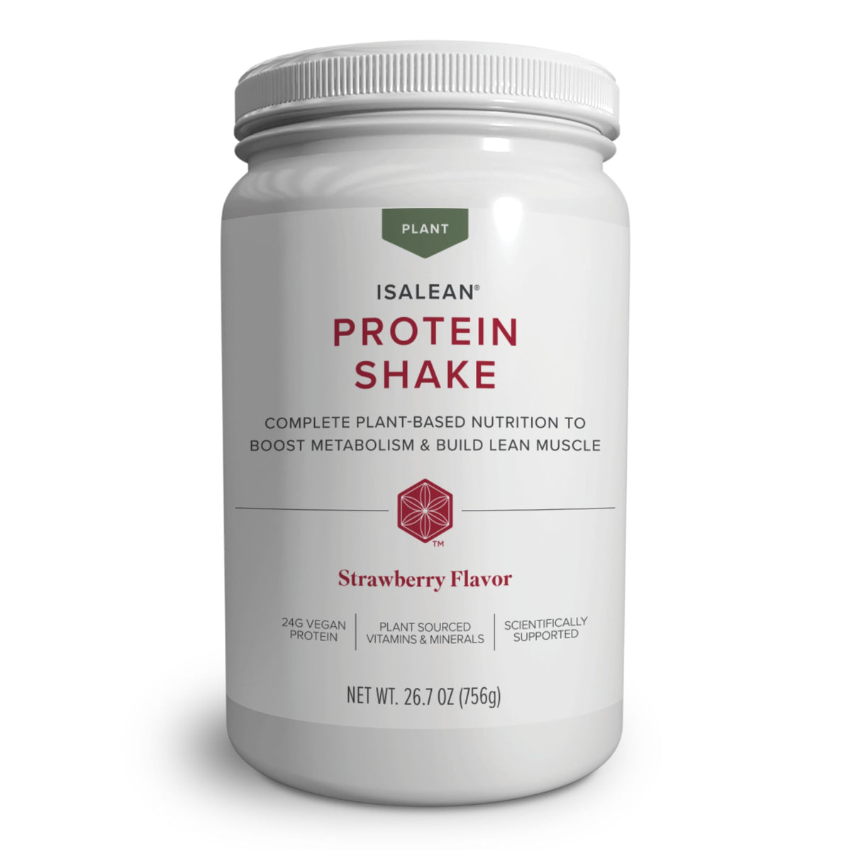 Isagenix IsaLean plant-based shake bottle pouring strawberry flavor for a protein boost.