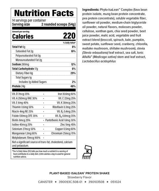Isagenix IsaLean shake label front highlights strawberry flavor and vegan protein.