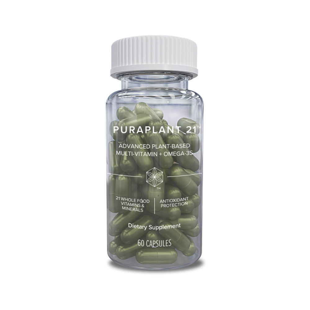 Isagenix PuraPlant21 bottle with capsules for daily plant-based nutrition.