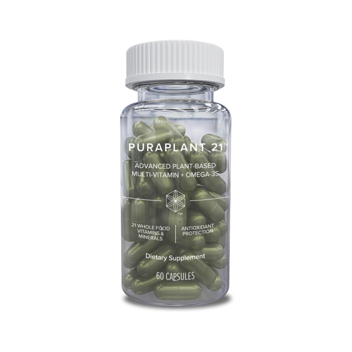 Isagenix PuraPlant21 bottle with capsules for daily plant-based nutrition.