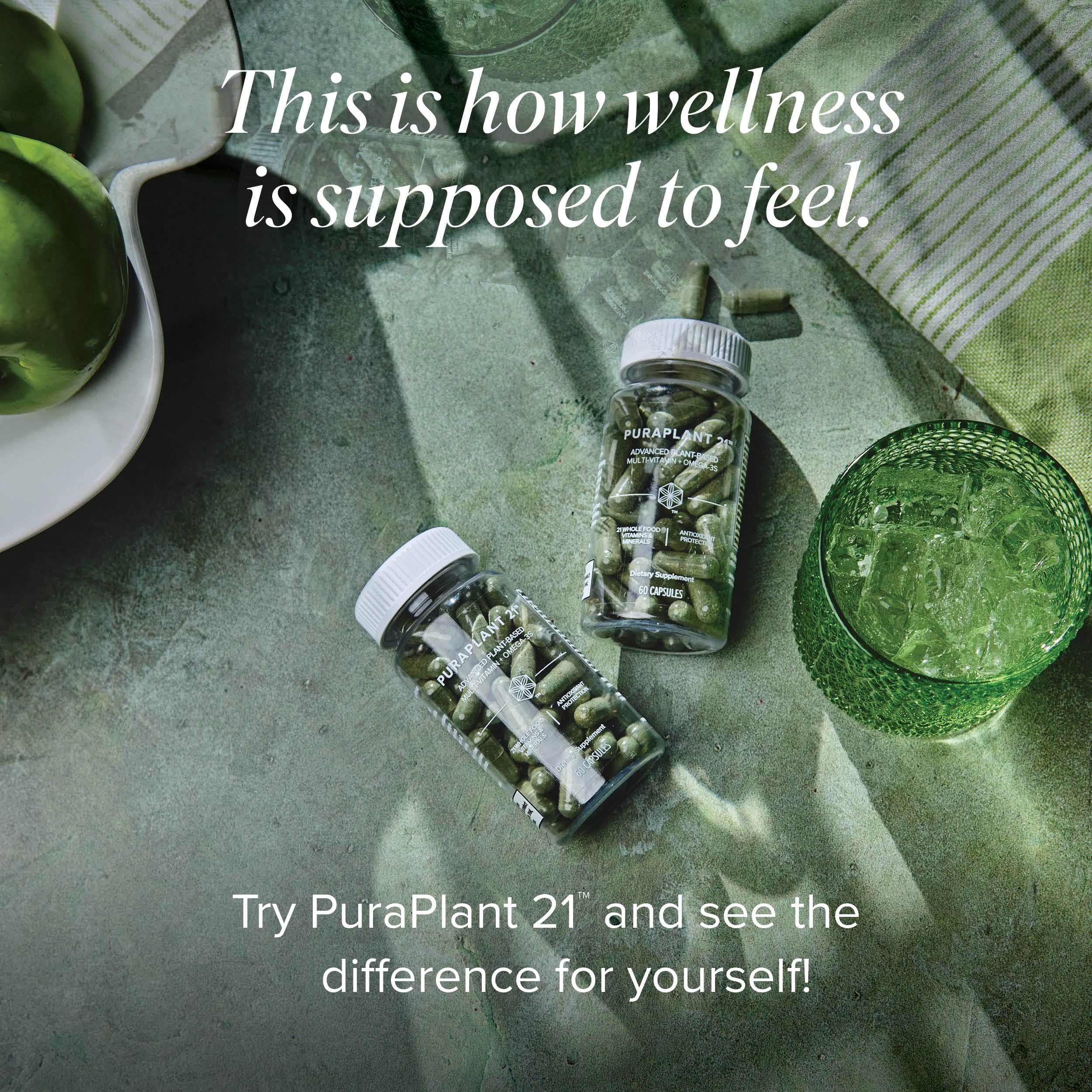 Isagenix PuraPlant21 label shows GMP-tested and vegan certification.