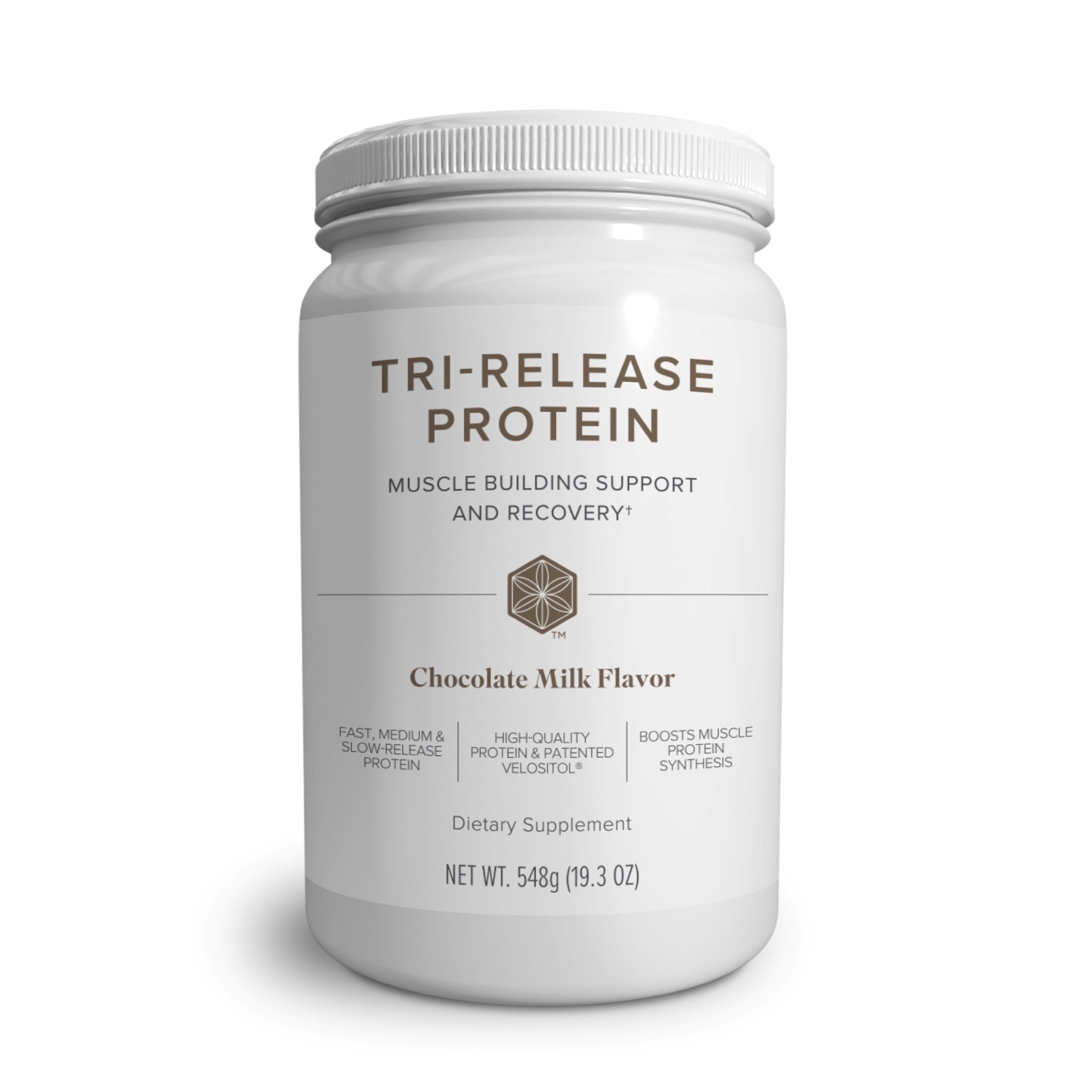 Isagenix Tri-Release Protein chocolate milk serving promotes sustained amino release for recovery.