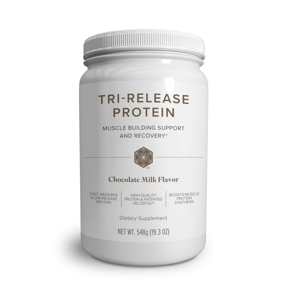 Isagenix Tri-Release Protein chocolate milk serving promotes sustained amino release for recovery.