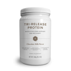 Isagenix Tri-Release Protein chocolate milk serving promotes sustained amino release for recovery.