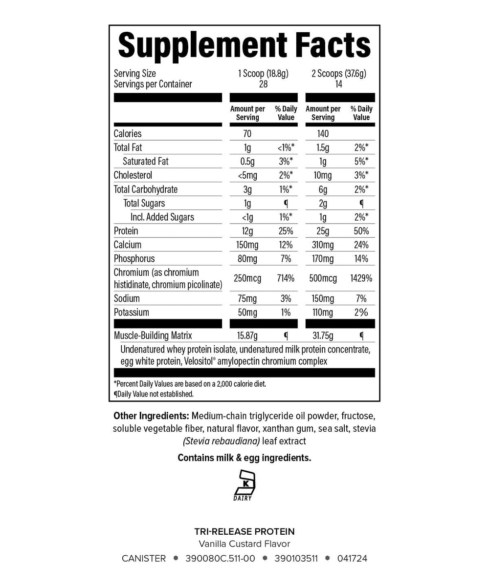 Serving scoop of Isagenix Tri-Release Vanilla Custard powder showing 25g protein per serving
