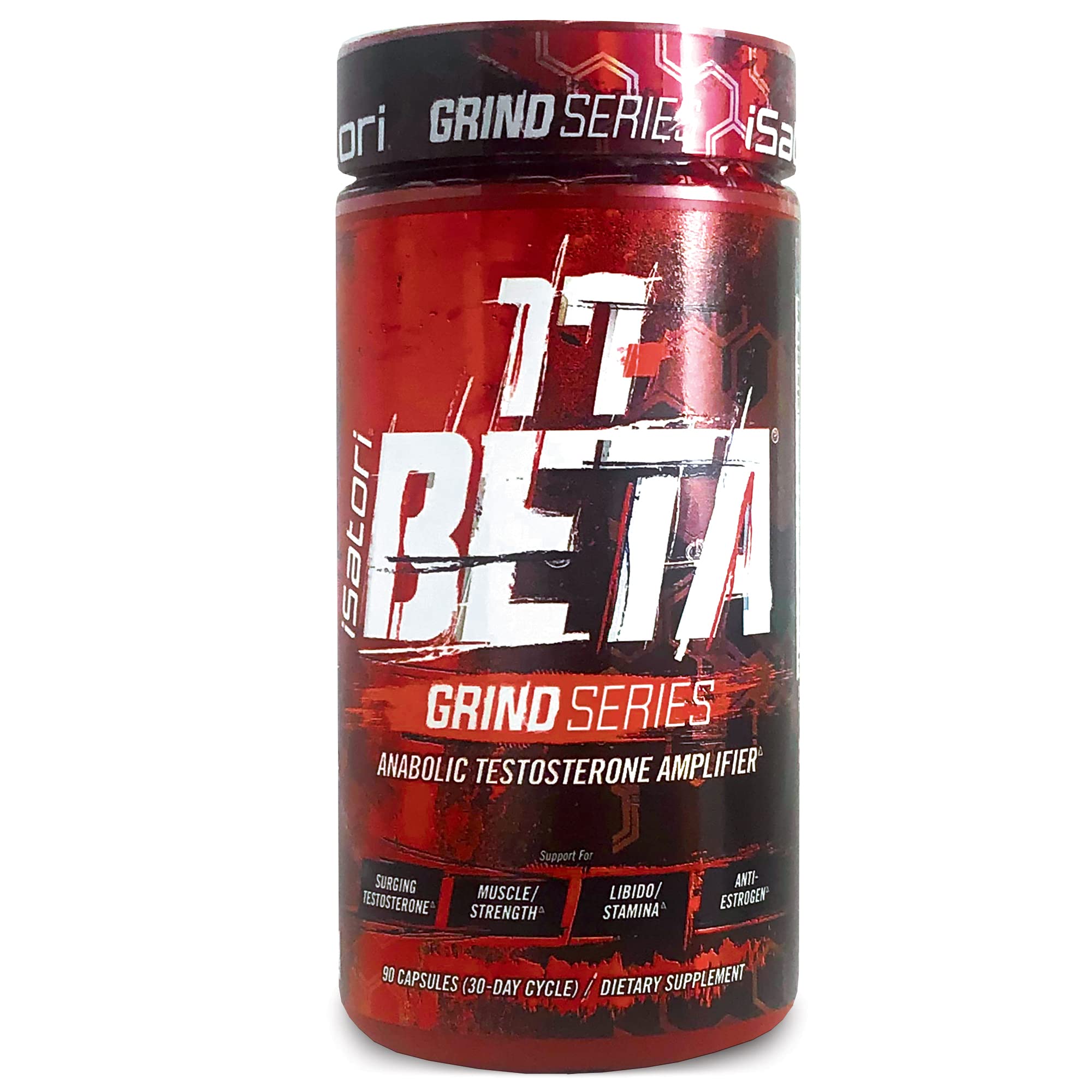 iSatori 17-Beta bottle front highlights branding and promise of testosterone support for workouts