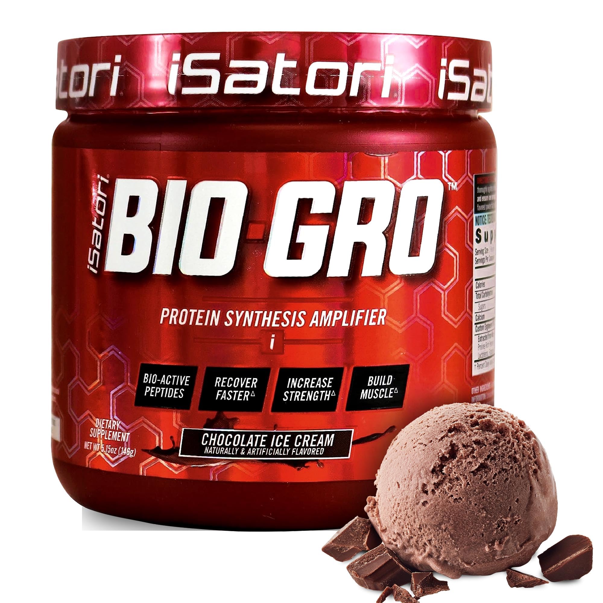 iSatori BIO-GRO tub front close-up highlighting protein formula for muscle recovery support