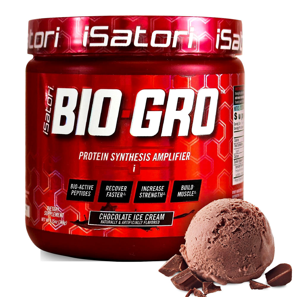 iSatori BIO-GRO tub front close-up highlighting protein formula for muscle recovery support