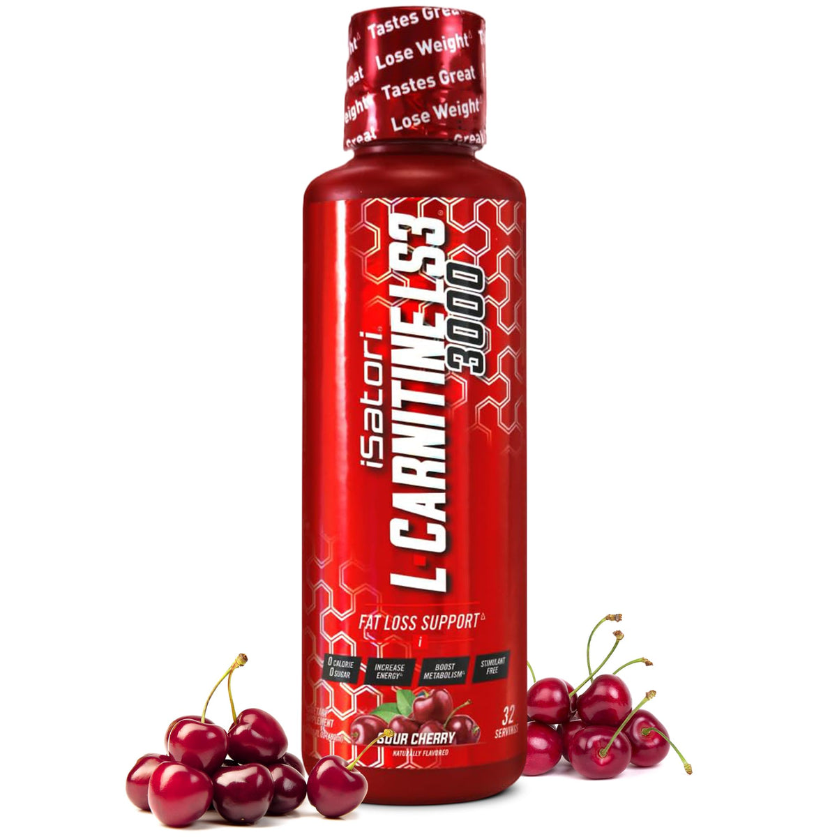 isatori L-Carnitine LS3 3000 bottle with sour cherry flavor offering clean energy support