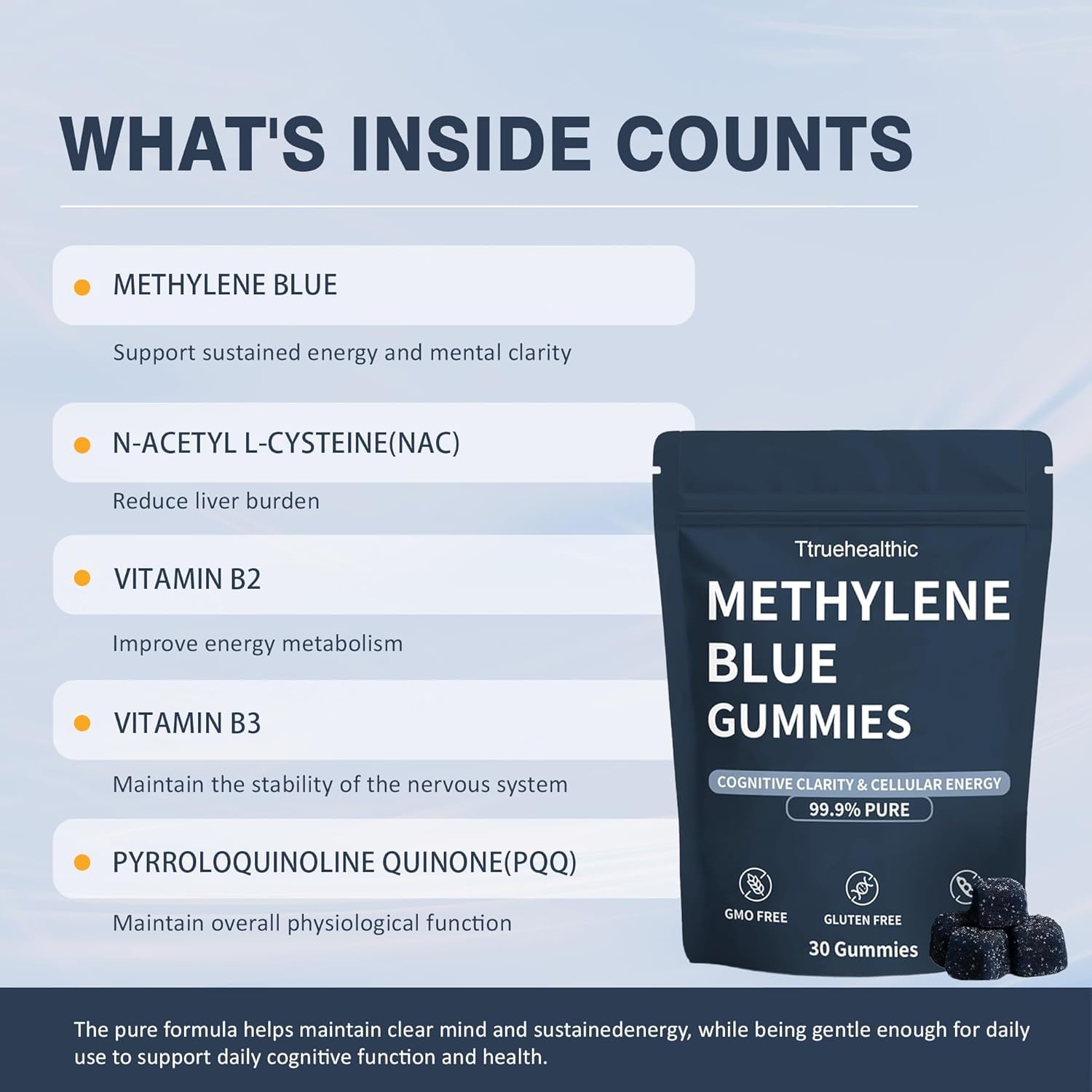 iscentan Truehealthic Methylene Blue Gummies bottle pour showing daily use.