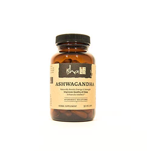 ISHA Ashwagandha supplements bottle on a clean surface for daily energy support.