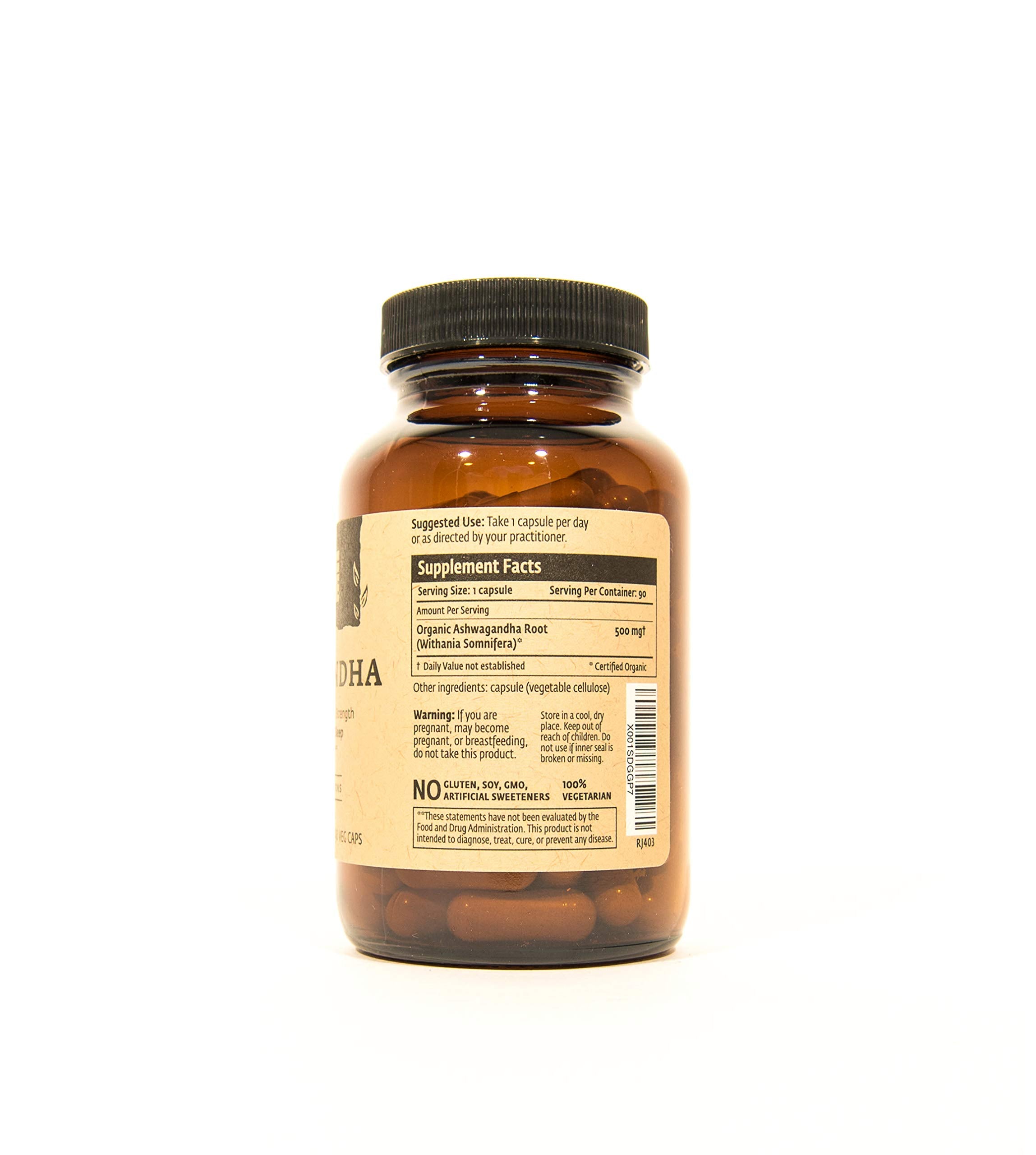 ISHA Ashwagandha supplements label close-up highlighting 500 mg per capsule.