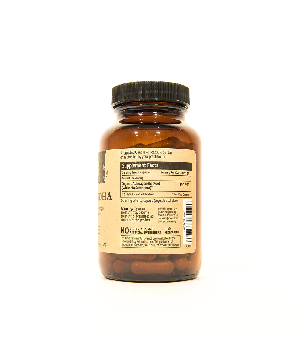ISHA Ashwagandha supplements label close-up highlighting 500 mg per capsule.