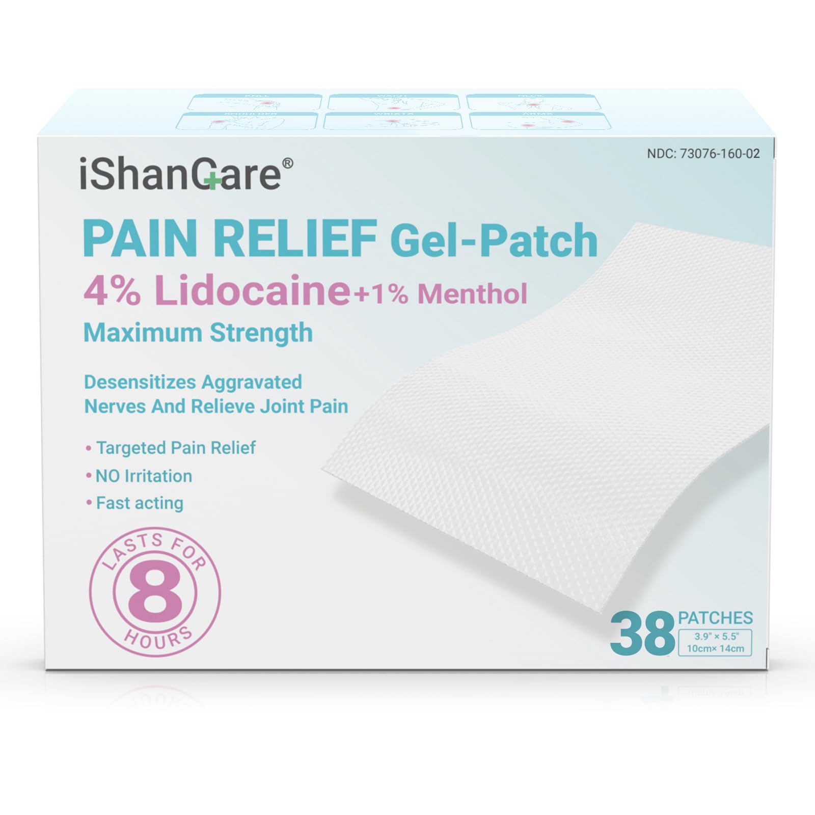 Ishancare lidocaine-menthol patch applied to back for broad pain coverage and day-long relief.