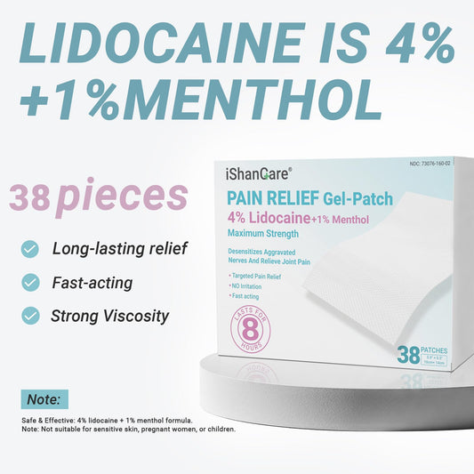 Ishancare lidocaine-menthol patch on neck and shoulders for upper-area relief.