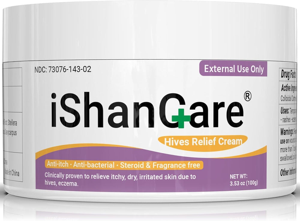 ishancare Urticaria Cream tube front shows quick relief for itching