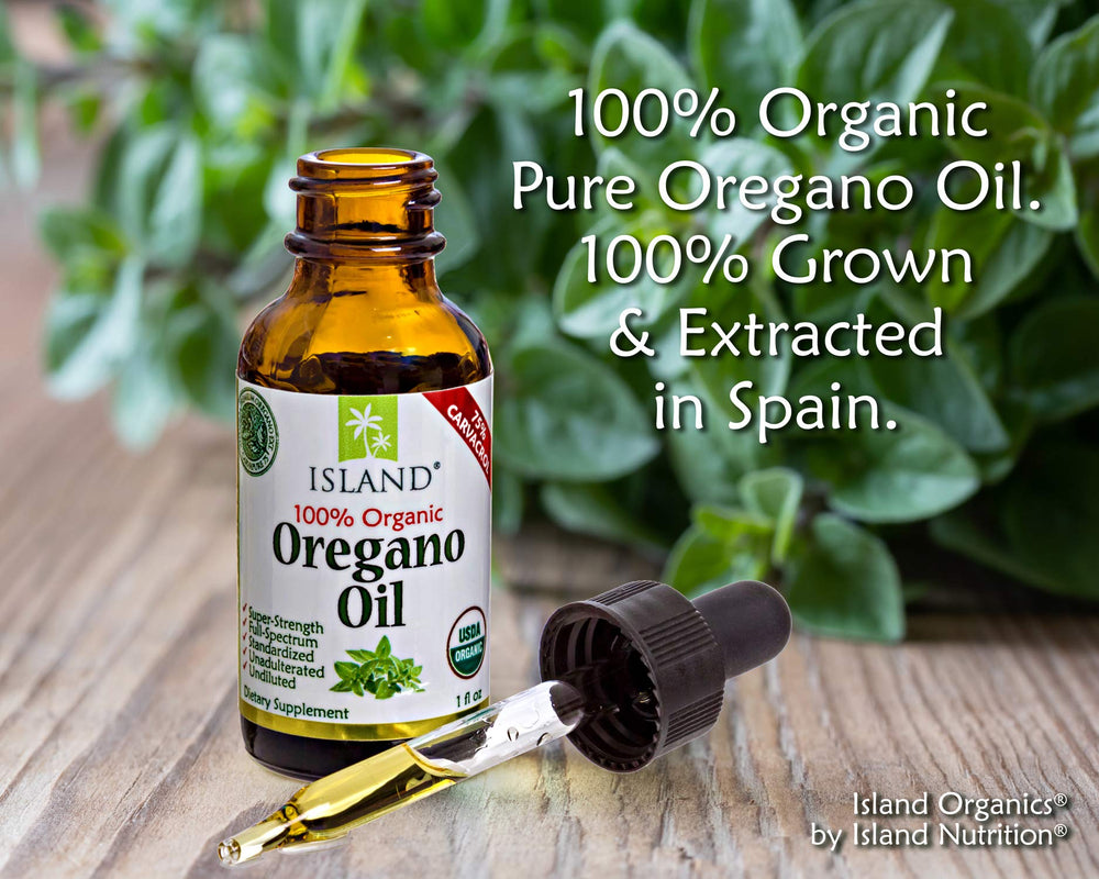 Island Nutrition oregano oil 75 percent carvacrol label close-up.