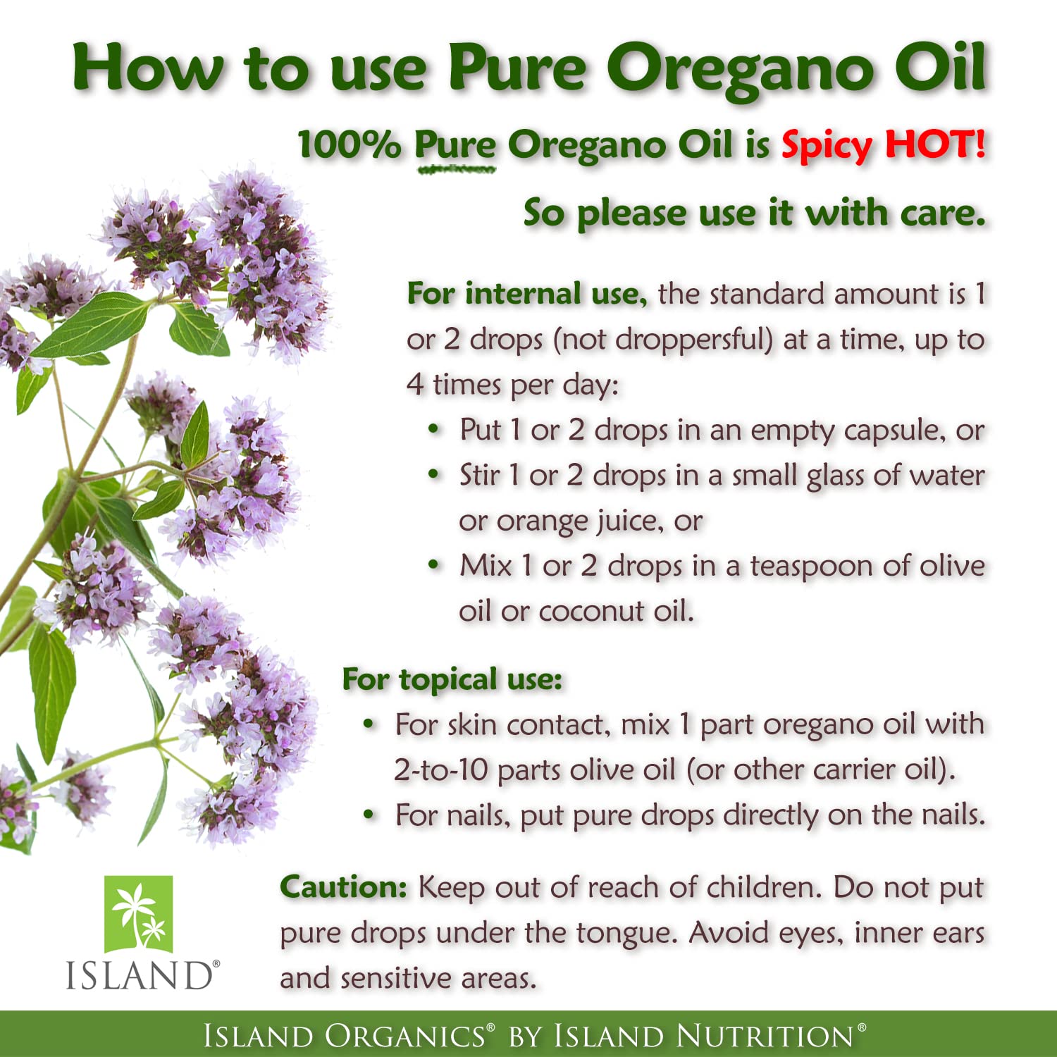 Island Nutrition oregano oil organic certification stamp on the label.