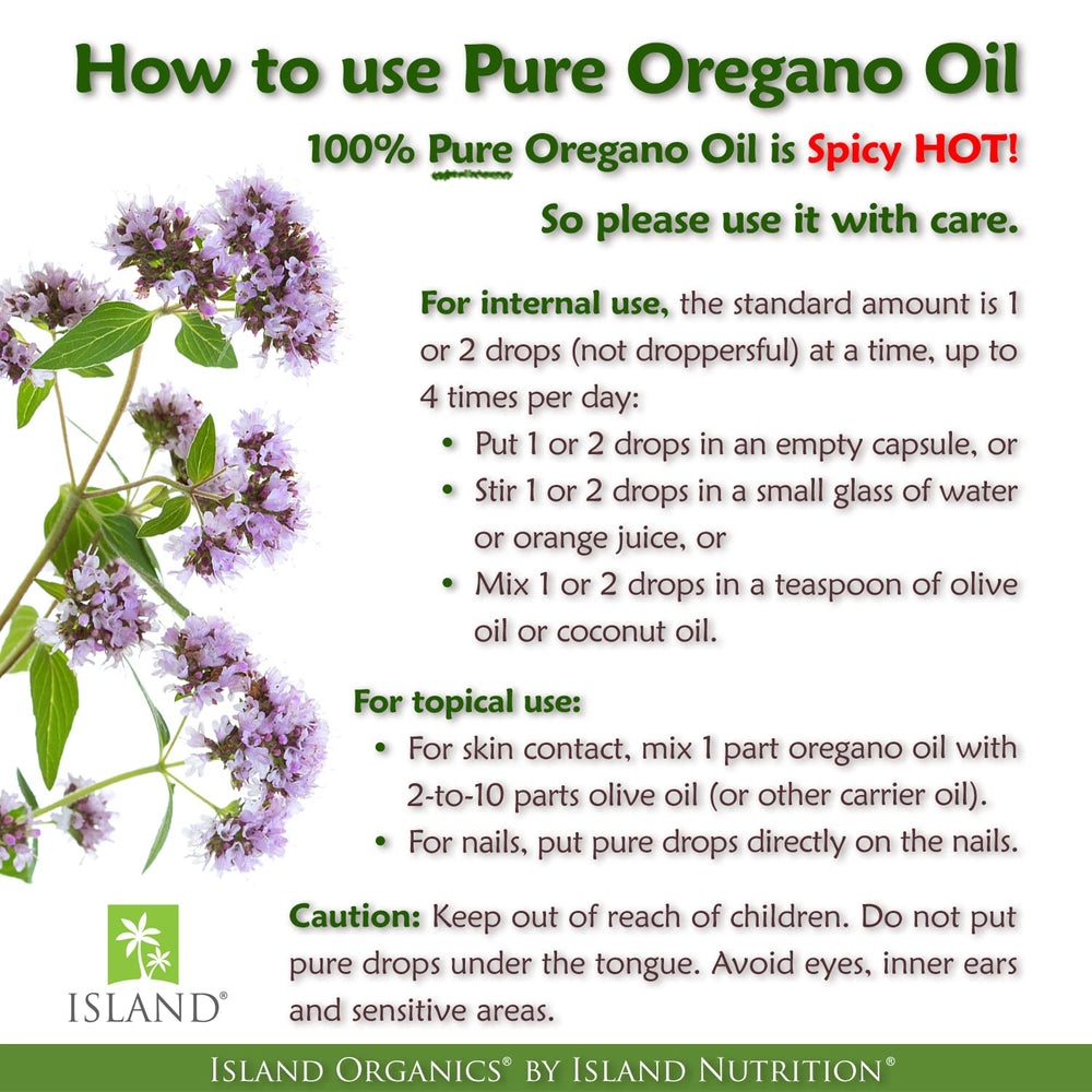 Island Nutrition oregano oil organic certification stamp on the label.