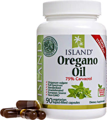 Island Nutrition oregano oil capsules bottle shows organic, super-strength formula for daily wellness