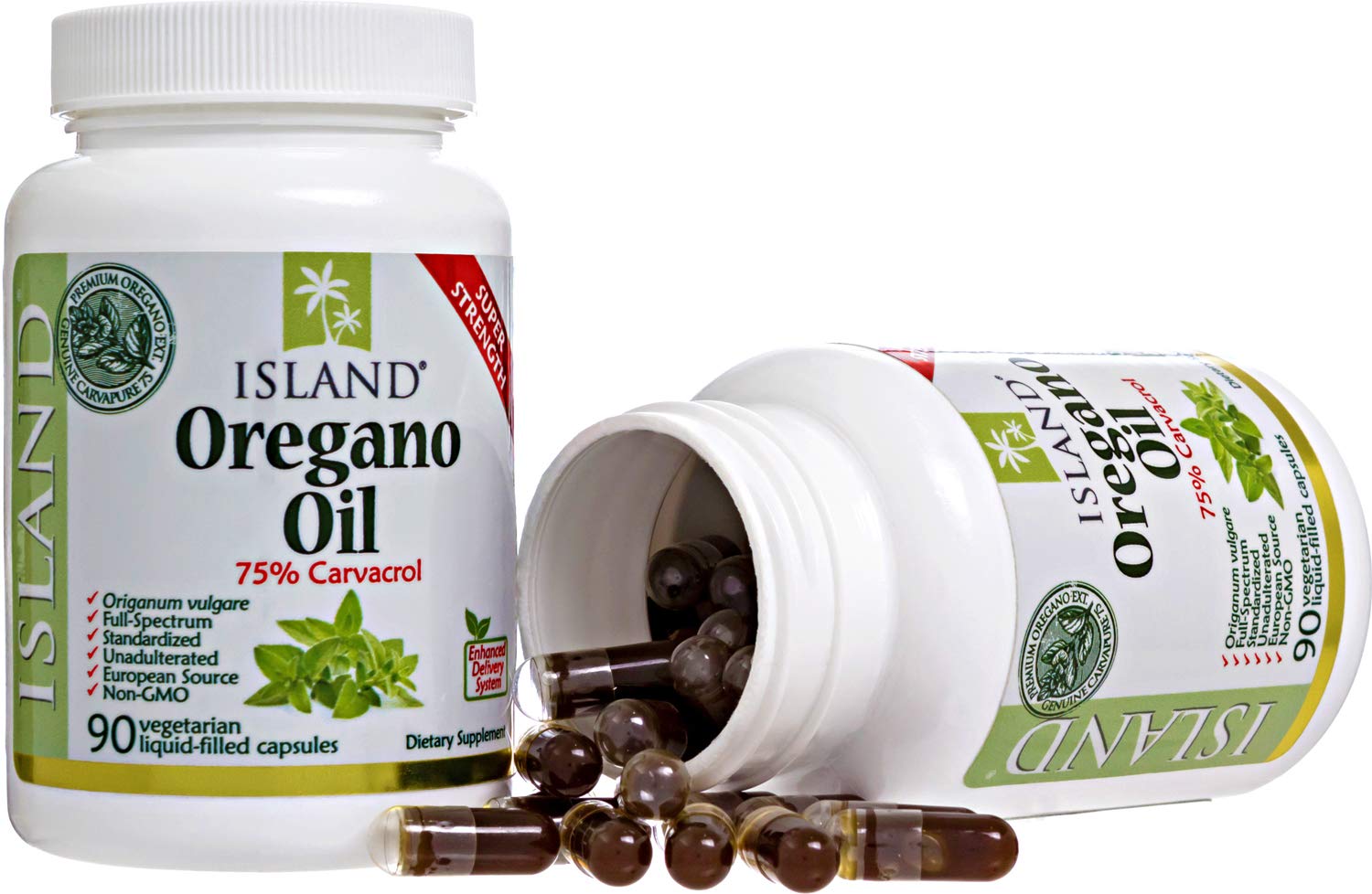Island Nutrition oregano oil capsules closeup reveals emulsified delivery matrix